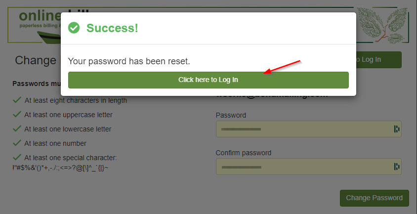 Password reset success